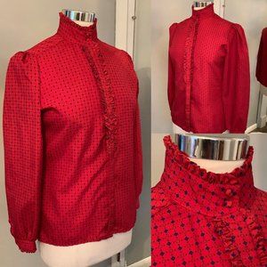 Vintage :: Red Polka Dot Secretary Blouse Size M Puffy Sleeve High Neck Ruffles